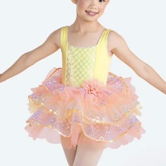Revolution Dancewear Girl’s Yellow Peach Mesh Sequin Ruffle Costume Dress SC - Picture 2 of 9